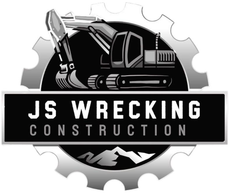 JS Wrecking Co. logo featuring an excavator within a gear, emphasizing construction and land clearing services in Detroit, MI.