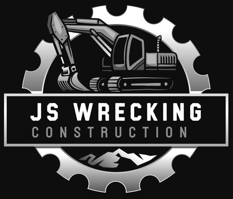 JS Wrecking Co. logo featuring an excavator within a gear, emphasizing construction and land clearing services in Detroit, MI.